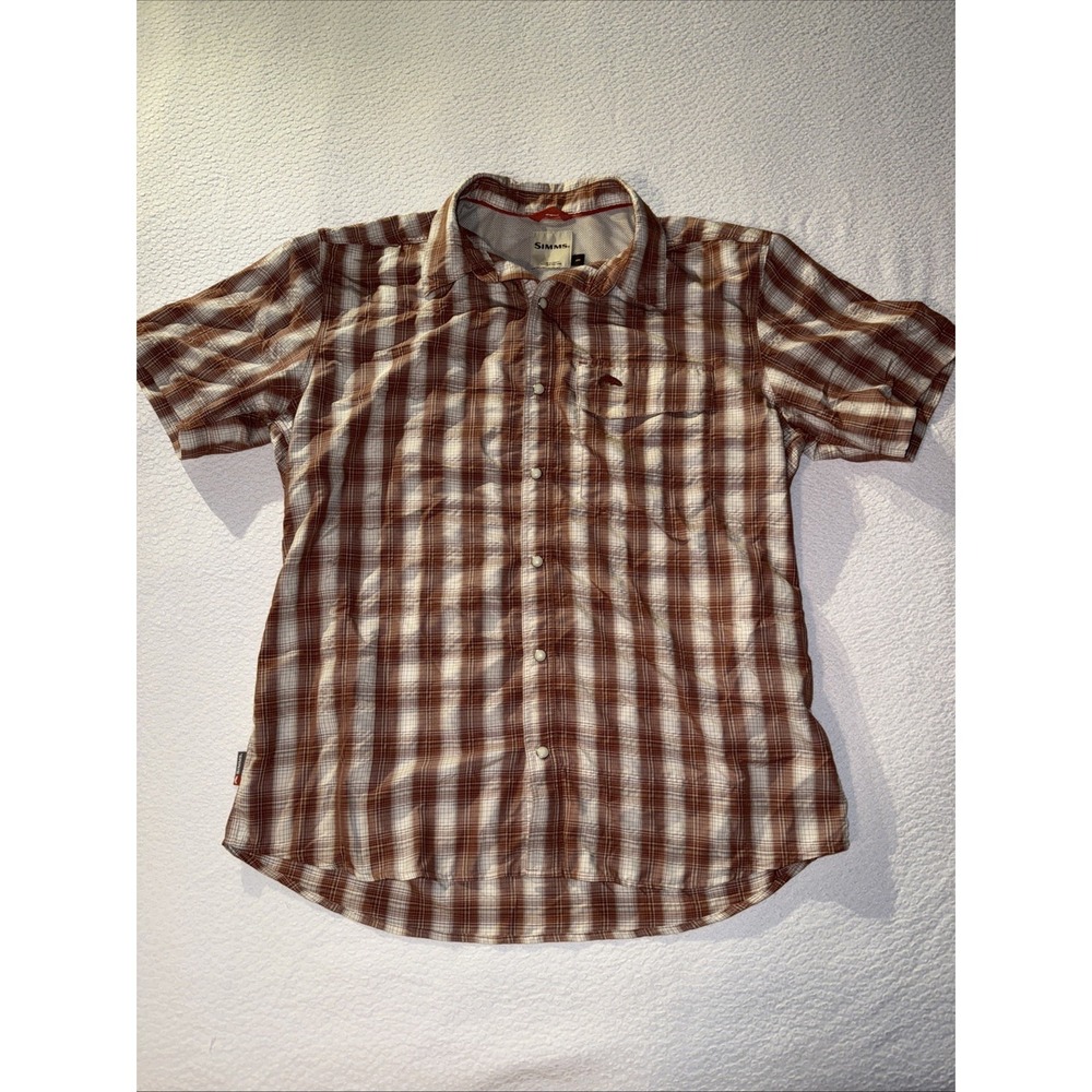 Simms Pearl Snap Shirt Mens Medium Plaid Button Up Vented Short Sleeve Fishing